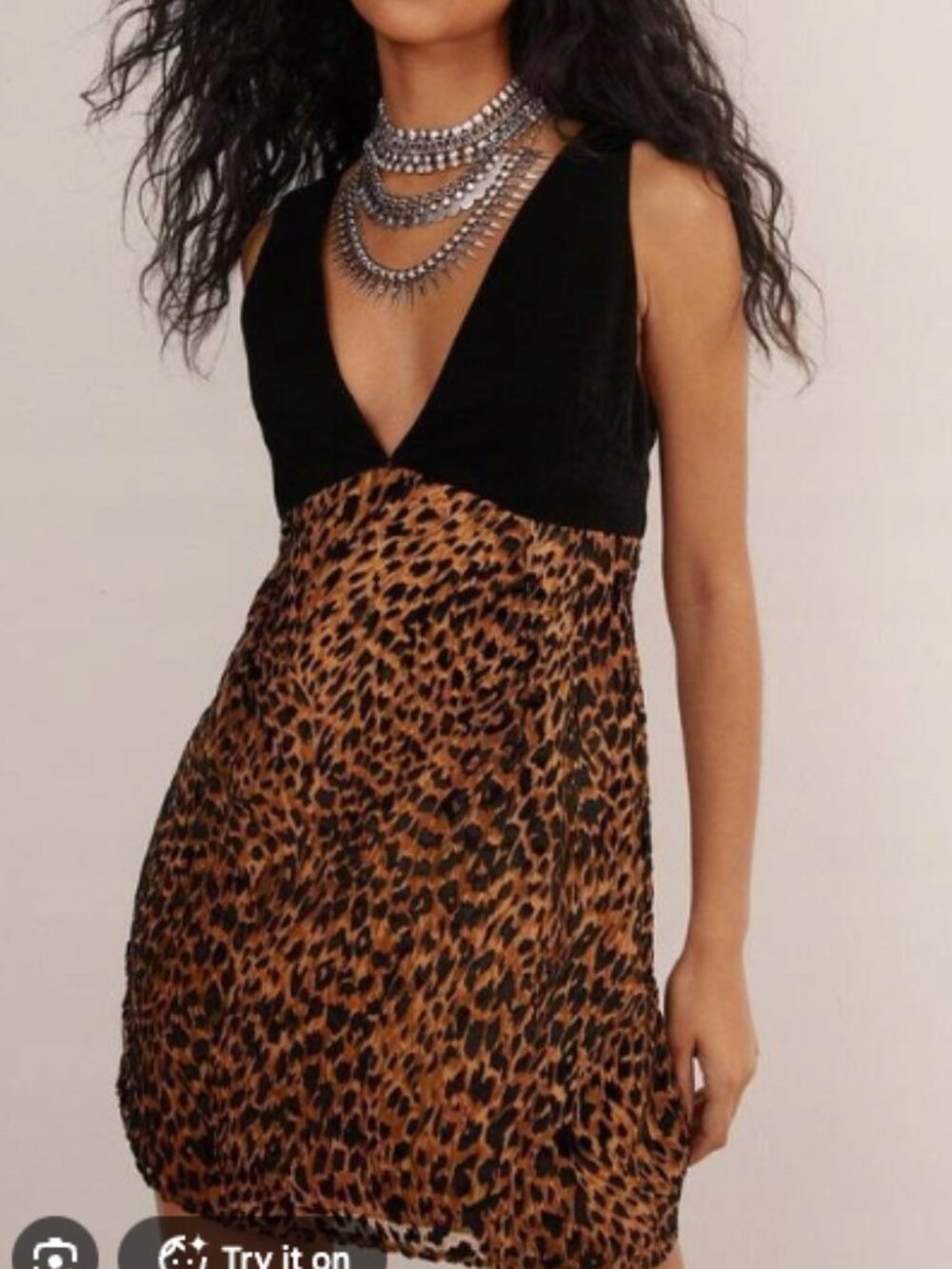 Nasty Gal Black & Brown Leopard Plunge Mini Dress NWT